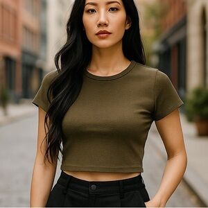 Out From Under Womens Olive Green Short Sleeve Ribbed Fitted‎ Crop Top XL NWT